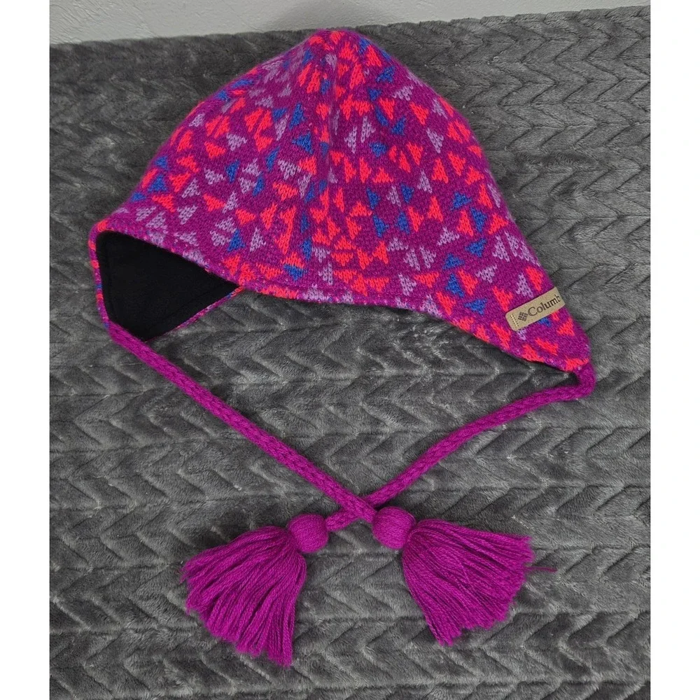 Columbia Omni Heat Youth Girls Tassle Cap Hat Knit Ear Flap Beanie Outdoor Ski